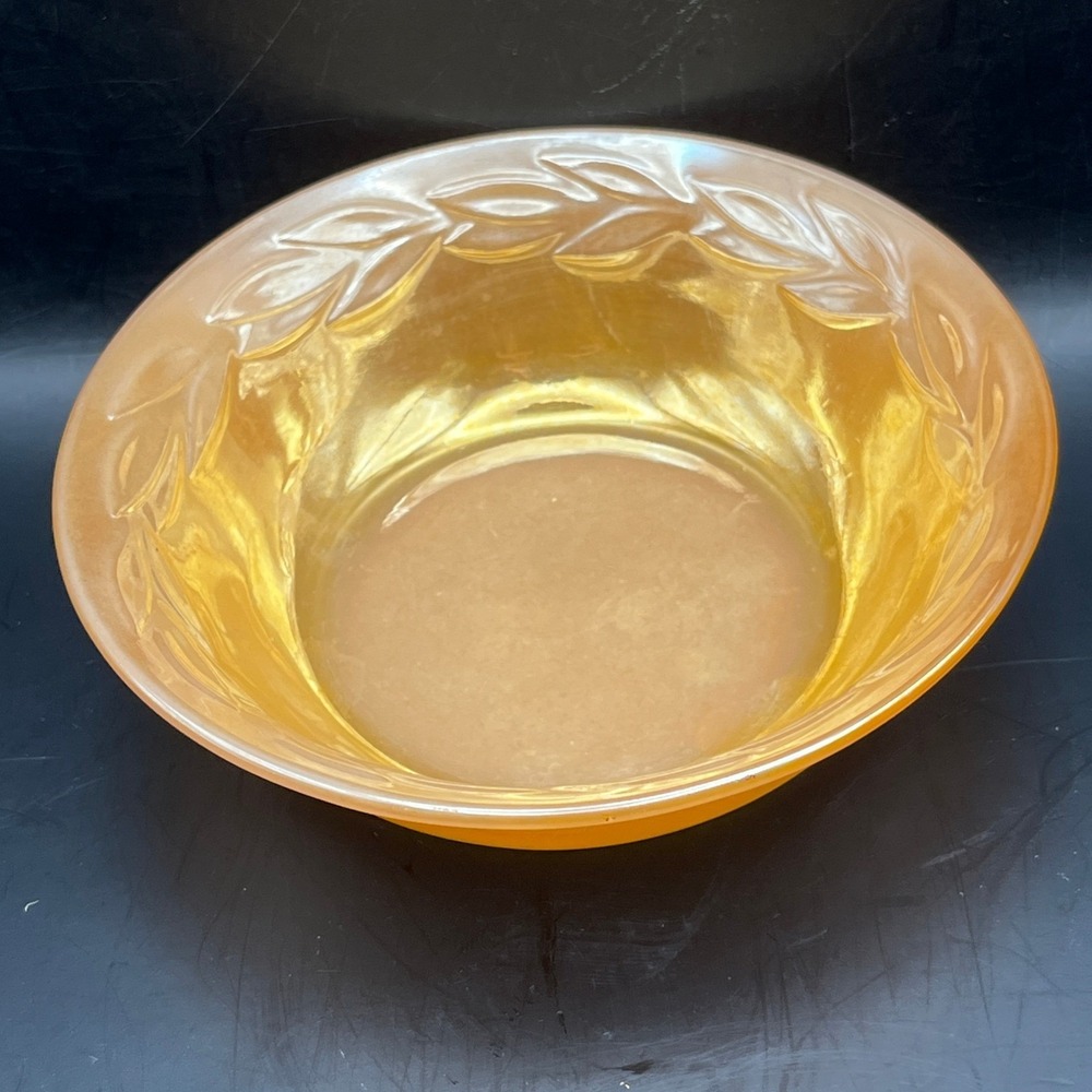 Vtg Anchor Hocking Fire King Peach Iridescent Lustre Laurel Leaf Glass Bowl 4.5"